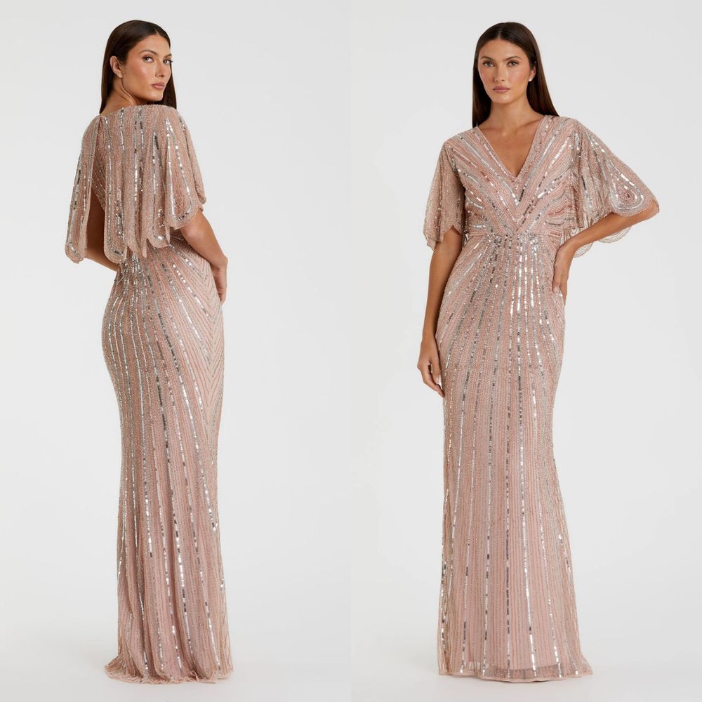 Mac Duggal NEW Sequined V-Neck Cape Sleeve Column Gown Vintage Rose $698 Size 14